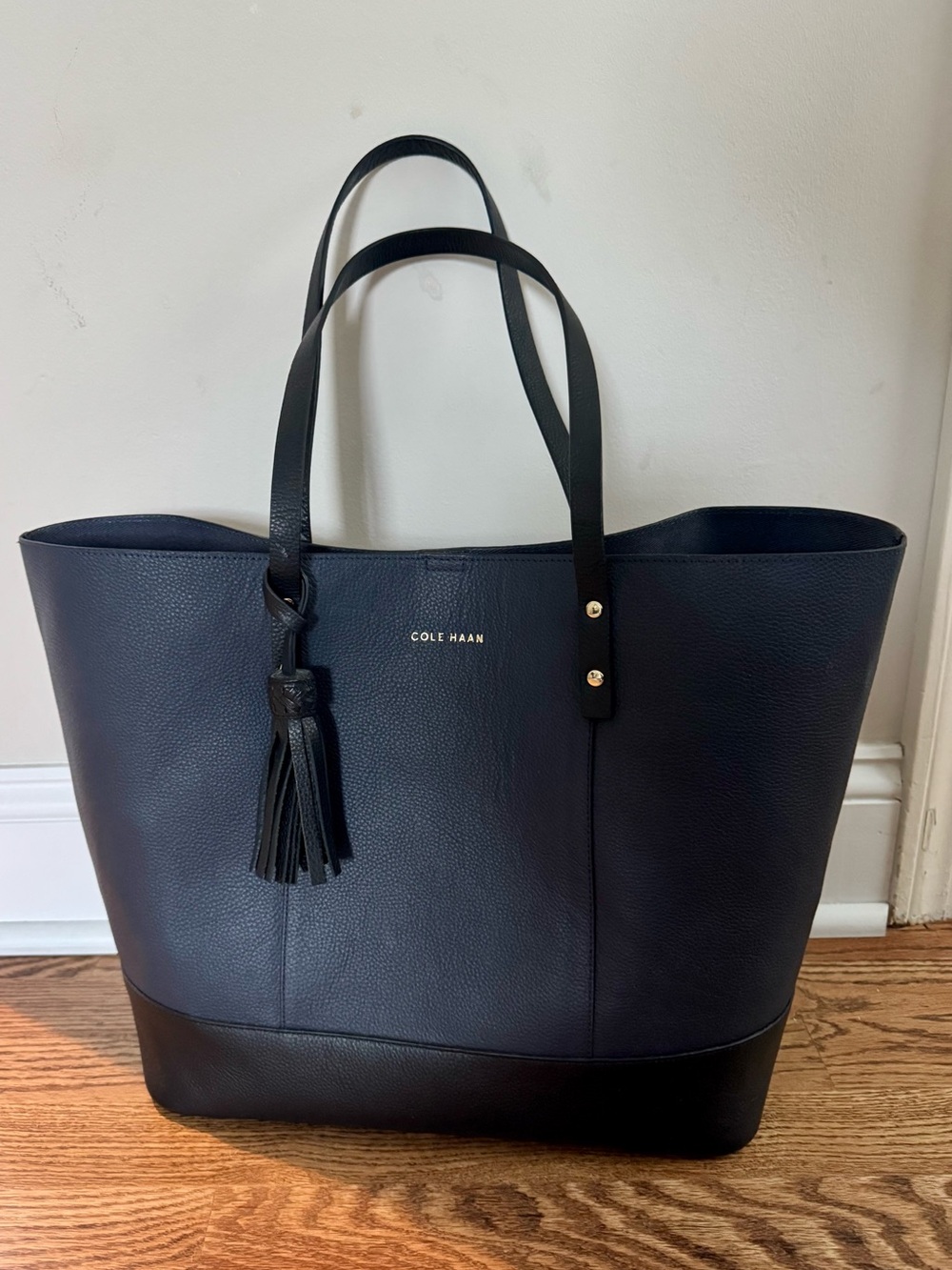 Cole Haan Navy and Black Leather Tote Bag with Tassel